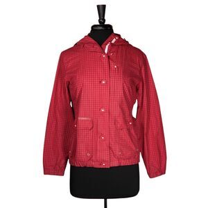 Ralph Lauren Women's Jacket Red White Check Button Full Zip Hooded Utility Small
